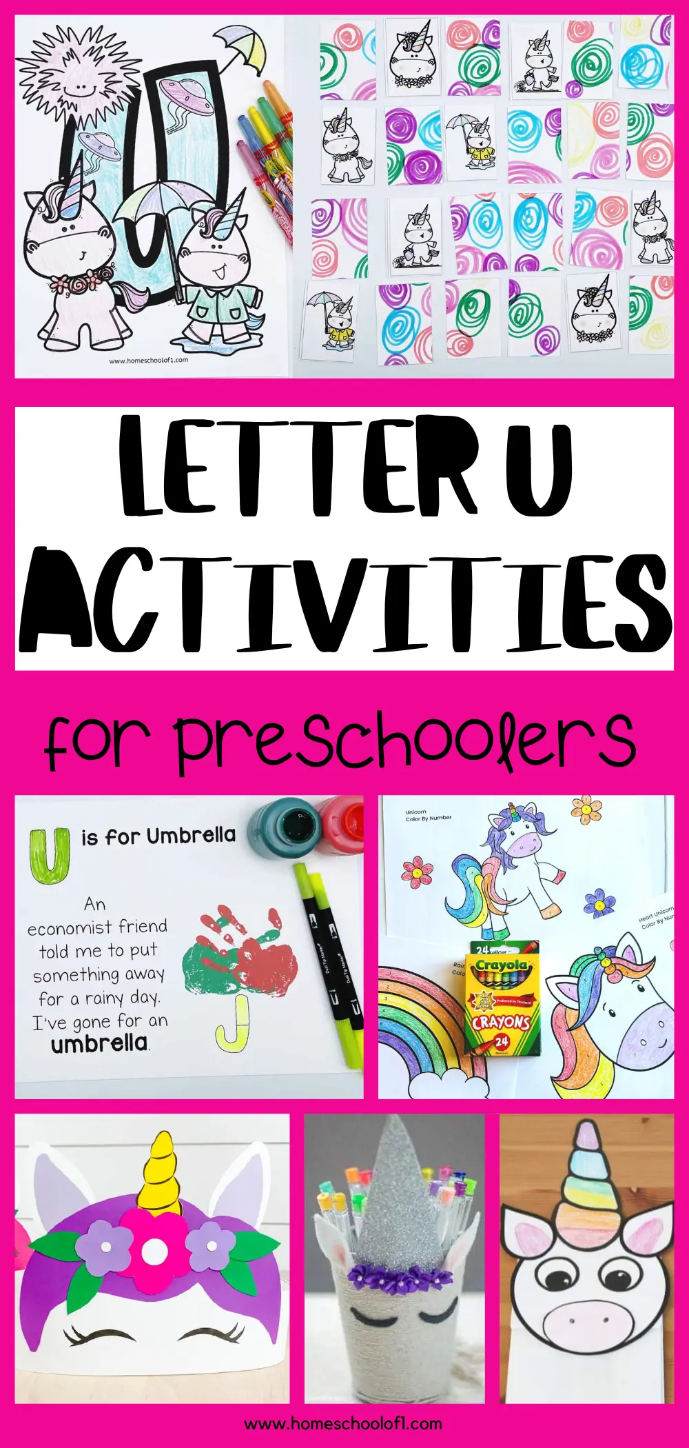 A vibrant display of letter U activities for preschoolers including handprint painting, unicorn coloring pages, and a unicorn-themed pen holder, encapsulating early learning and creativity.