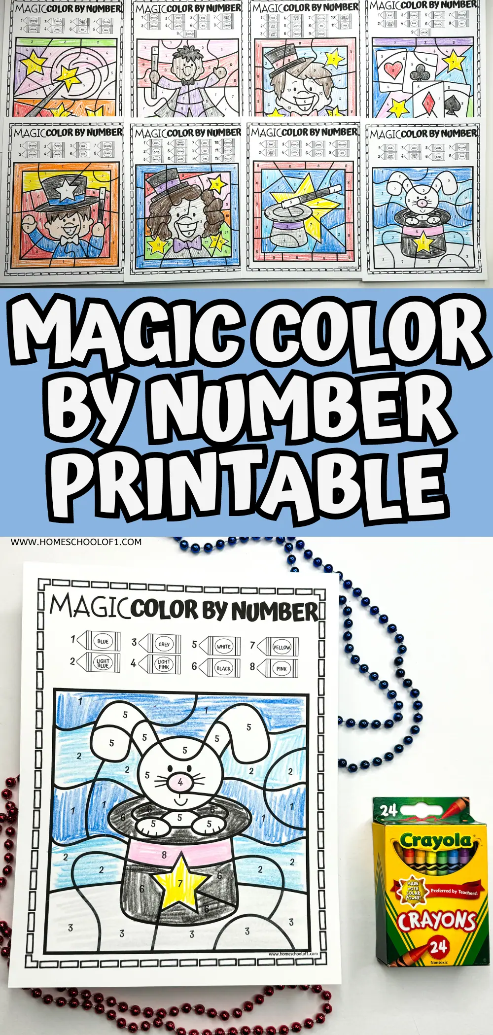 Magic Color by Number' printable featuring a collection of six colored and numbered worksheets for kids, alongside a box of Crayola crayons and colorful beads