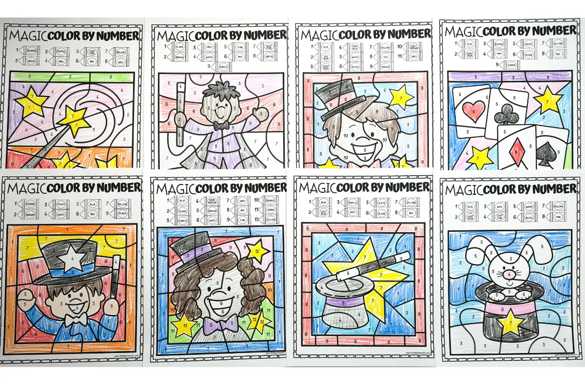 A closer view of six 'Magic Color by Number' worksheets with themes of magic and performance, including images of a wizard, a magician's hat, playing cards, and a rabbit in a hat, each vividly colored by hand following the numbered guide.