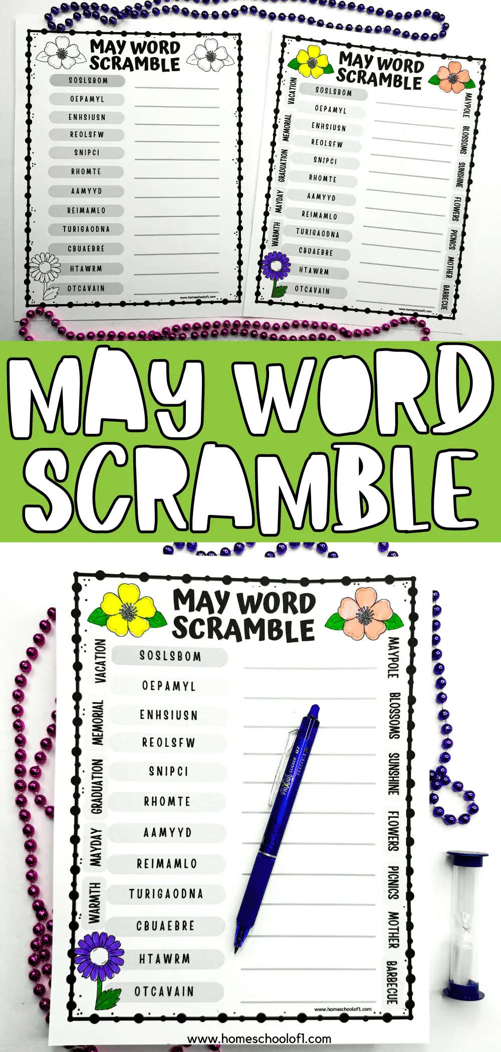 Engaging May Word Scramble sheets with jumbled words and floral accents to celebrate spring, accompanied by purple beads and a sand timer