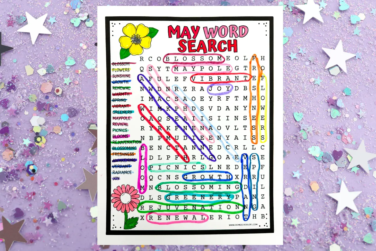 A vibrant May Word Search puzzle with several words circled in different colors, accentuated by a backdrop of colorful confetti and paper stars