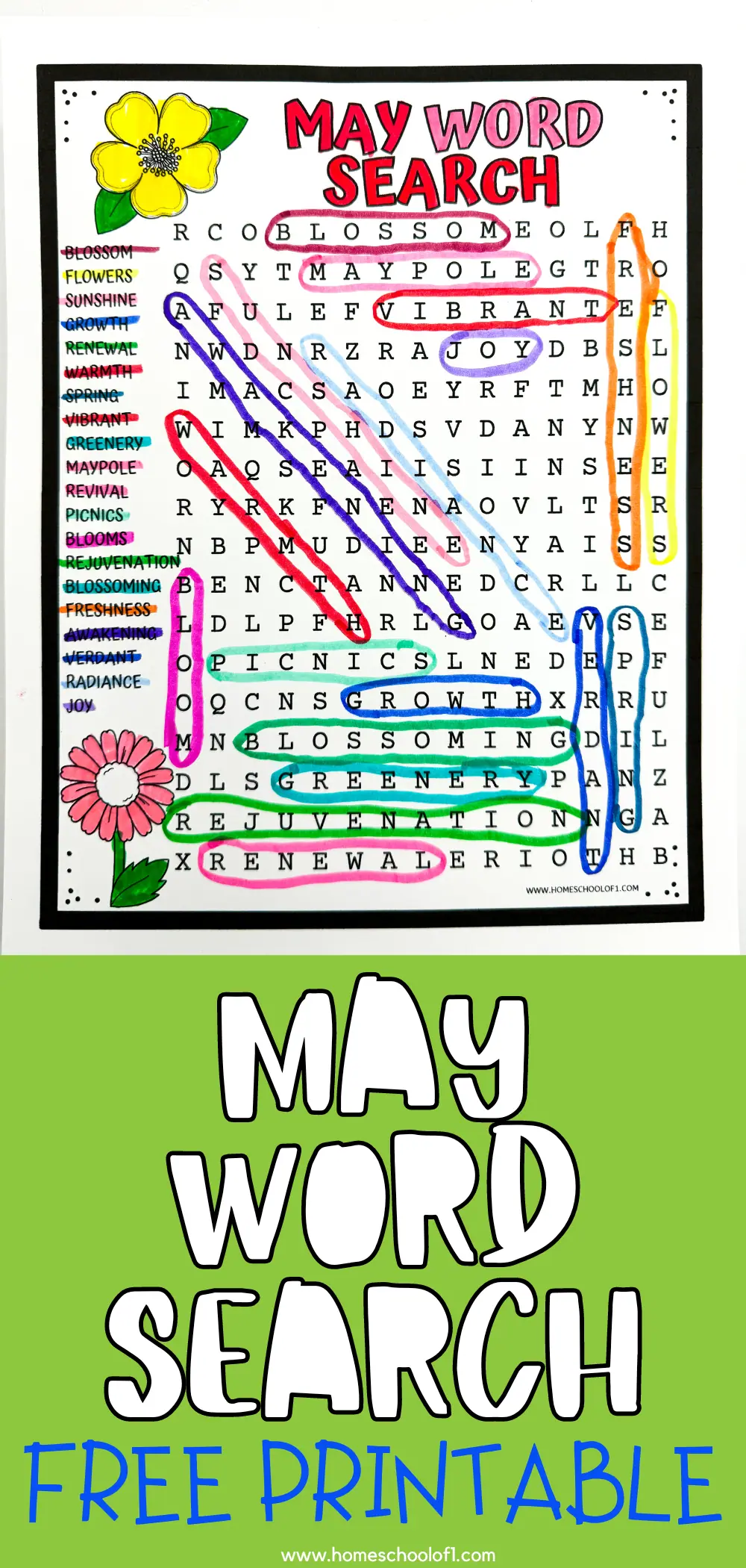 Completed May Word Search featuring highlighted words such as 'blossom', 'sunshine', and 'growth' within a puzzle, framed by a yellow flower and a pink gerbera, ideal for the keyword 'May Word Search Printable