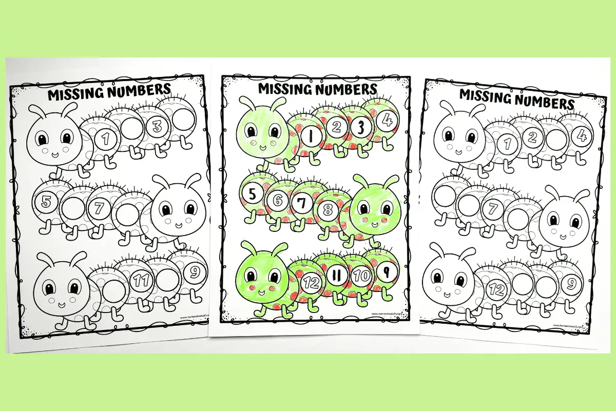 Three worksheets titled 'Missing Numbers' feature cute caterpillars with numbered segments. Each worksheet has sections where kids fill in missing numbers to help teach counting and number sequence, colored in green and red.