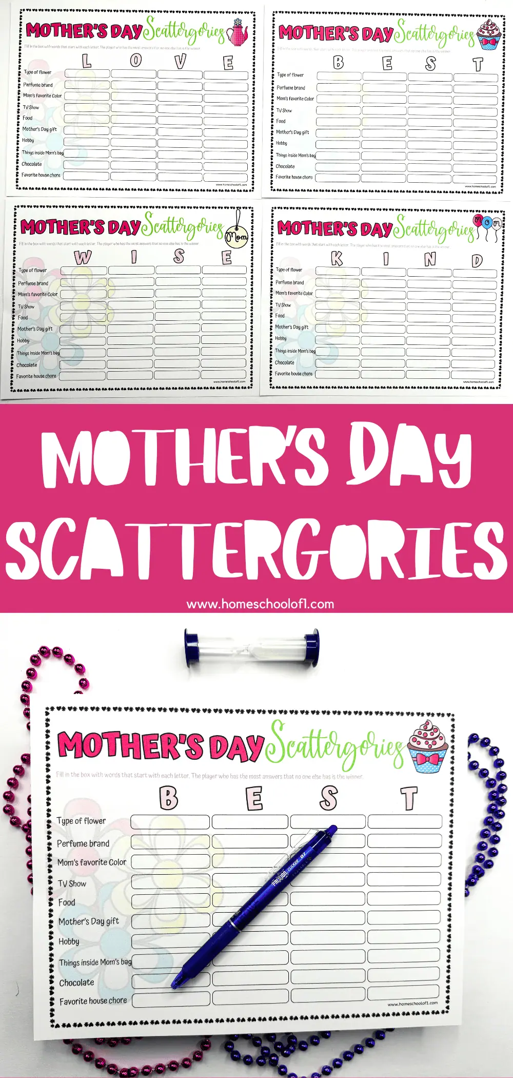 Variety of 'Mother's Day Scattergories' game sheets with the words 'LOVE,' 'WISE,' 'BEST,' and 'KIND' spelled out at the top for word inspiration. The sheets have blank lines for players to write answers corresponding to categories related to Mother's Day