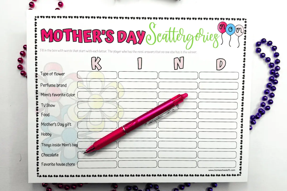 Printable Mother's Day Scattergories activity sheet with colorful title and balloons, spaces to fill in unique words that relate to mom for letters K, I, N, and D, categories listed include Type of Flower, Perfume Brand, and others, designed for festive family engagement.