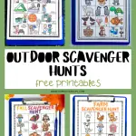 Variety of outdoor scavenger hunt printable sheets for educational activities, presented on clipboards.