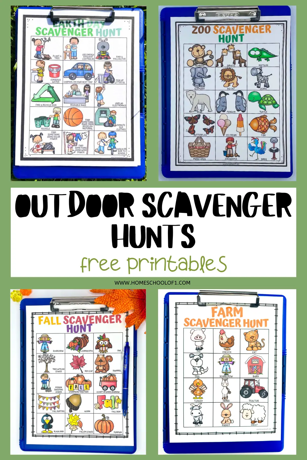 Variety of outdoor scavenger hunt printable sheets for educational activities, presented on clipboards.