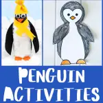 Penguin Activities for Preschoolers featuring a compilation of six penguin crafts, including a counting worksheet, a popsicle stick ornament, and assorted penguin art, all laid out against a snowflake-patterned background.