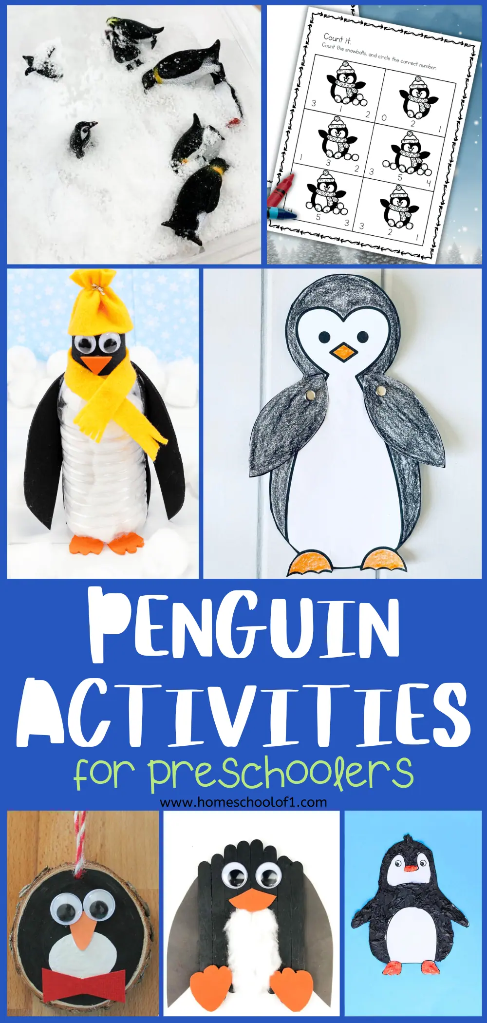 Penguin Activities for Preschoolers featuring a compilation of six penguin crafts, including a counting worksheet, a popsicle stick ornament, and assorted penguin art, all laid out against a snowflake-patterned background.