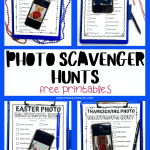 Themed photo scavenger hunt printables for holidays showcased on clipboards.