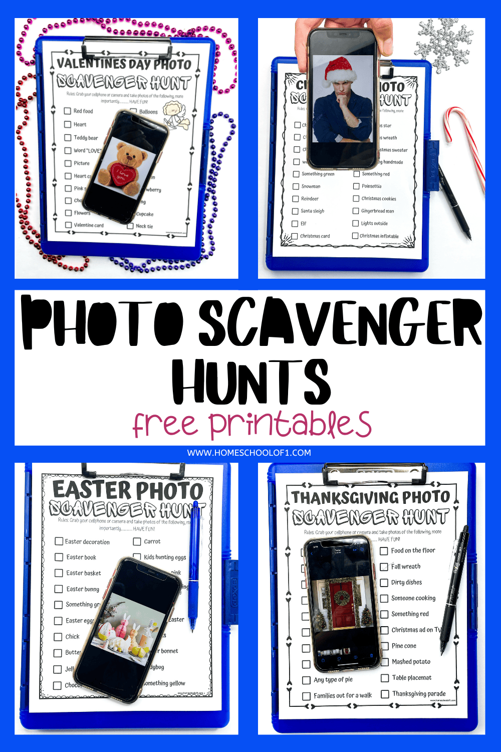 Themed photo scavenger hunt printables for holidays showcased on clipboards.