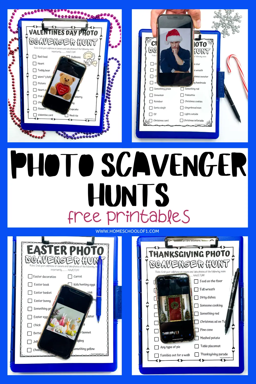 Themed photo scavenger hunt printables for holidays showcased on clipboards.