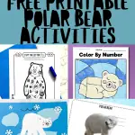 A diverse array of free, printable polar bear activities for children, including a 'Life Cycle of a Polar Bear' diagram, a 'Parts of a Polar Bear' worksheet being colored, an 'I Spy the Letter P' game, a 'Color By Number' worksheet, a polar bear craft with cotton, and a 'Roll and Color' game, all aimed at combining fun and education on polar bear topics.