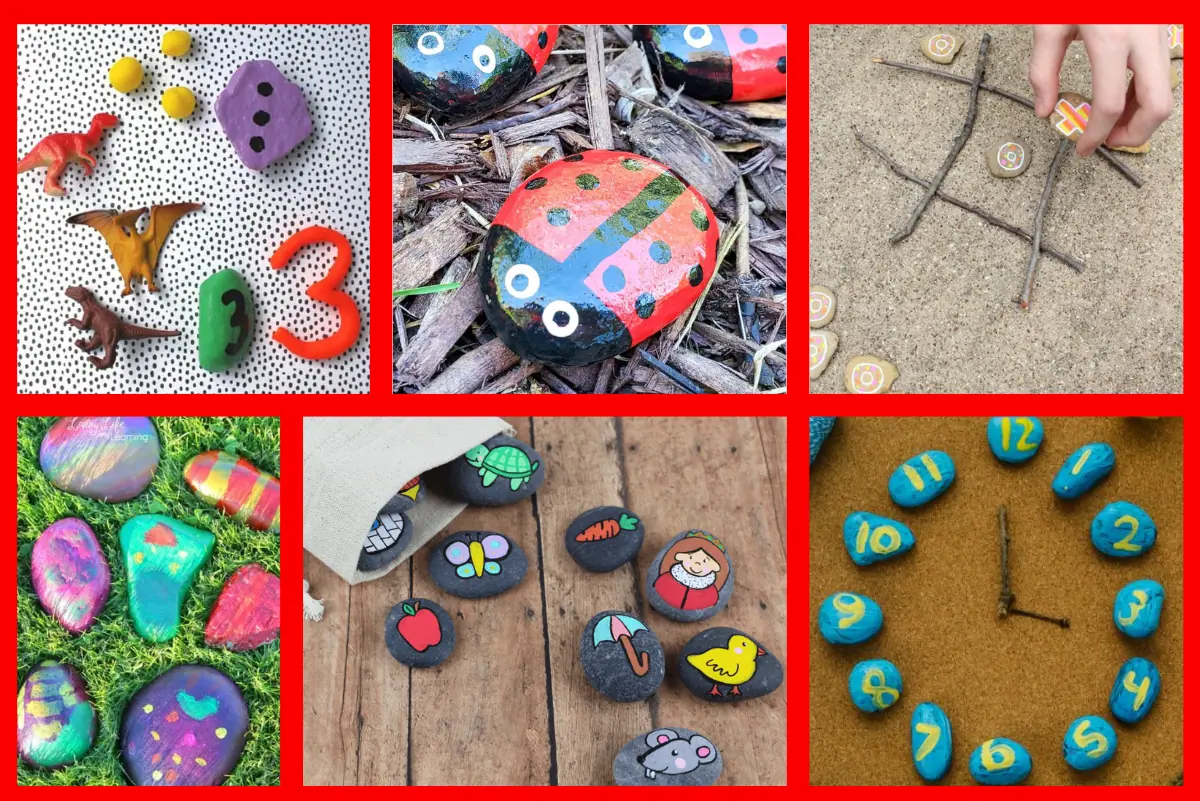 A colorful array of rock-based learning activities for preschoolers, including counting games with dinosaur figures, a nature-inspired painted ladybug rock, an outdoor tic-tac-toe game, assorted bright painted rocks, storytelling rocks with cute illustrations, and a sandy rock clock for time-telling practice.