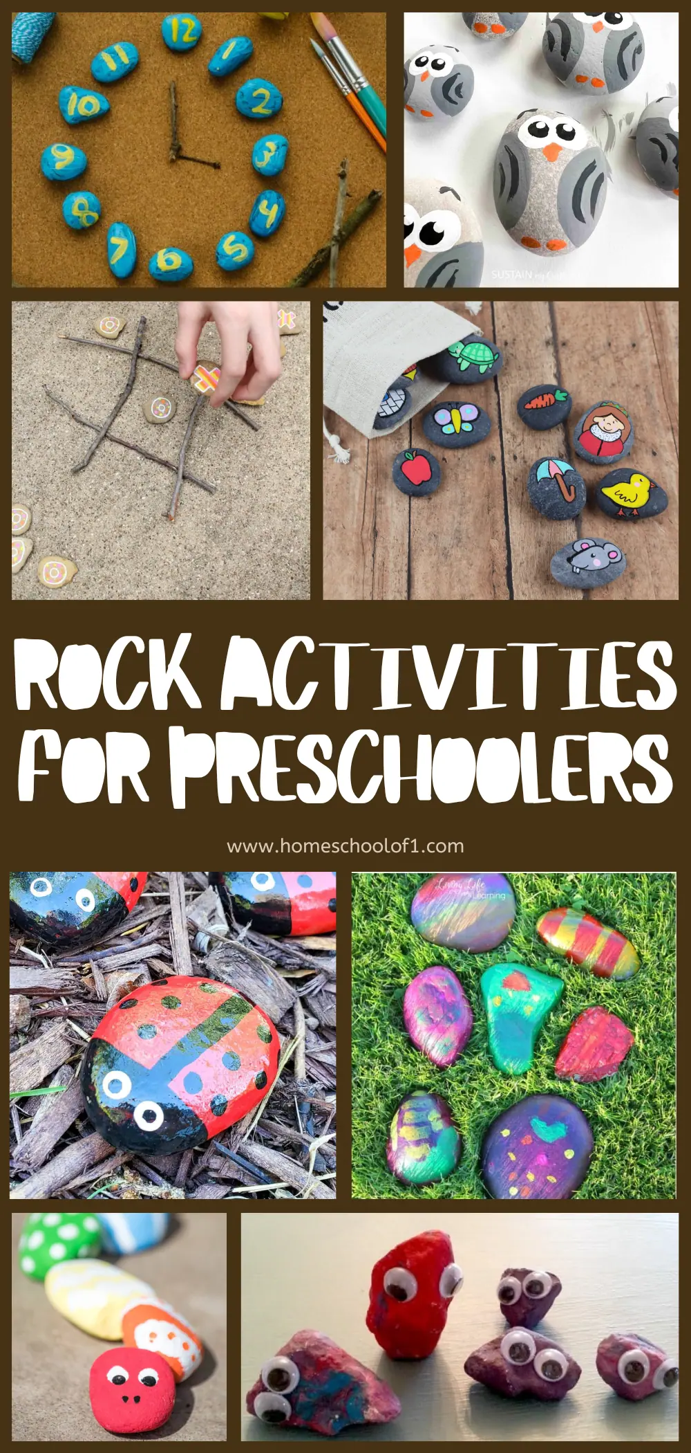 A collage of creative rock painting activities for preschoolers, featuring a circular arrangement of numbered rocks as a clock, rocks painted like penguins, tic-tac-toe with symbol-painted rocks, whimsically painted rocks as insects and animals, vibrant abstract patterns on rocks, and rocks with googly eyes. Central bold text reads "ROCK ACTIVITIES FOR PRESCHOOLERS"