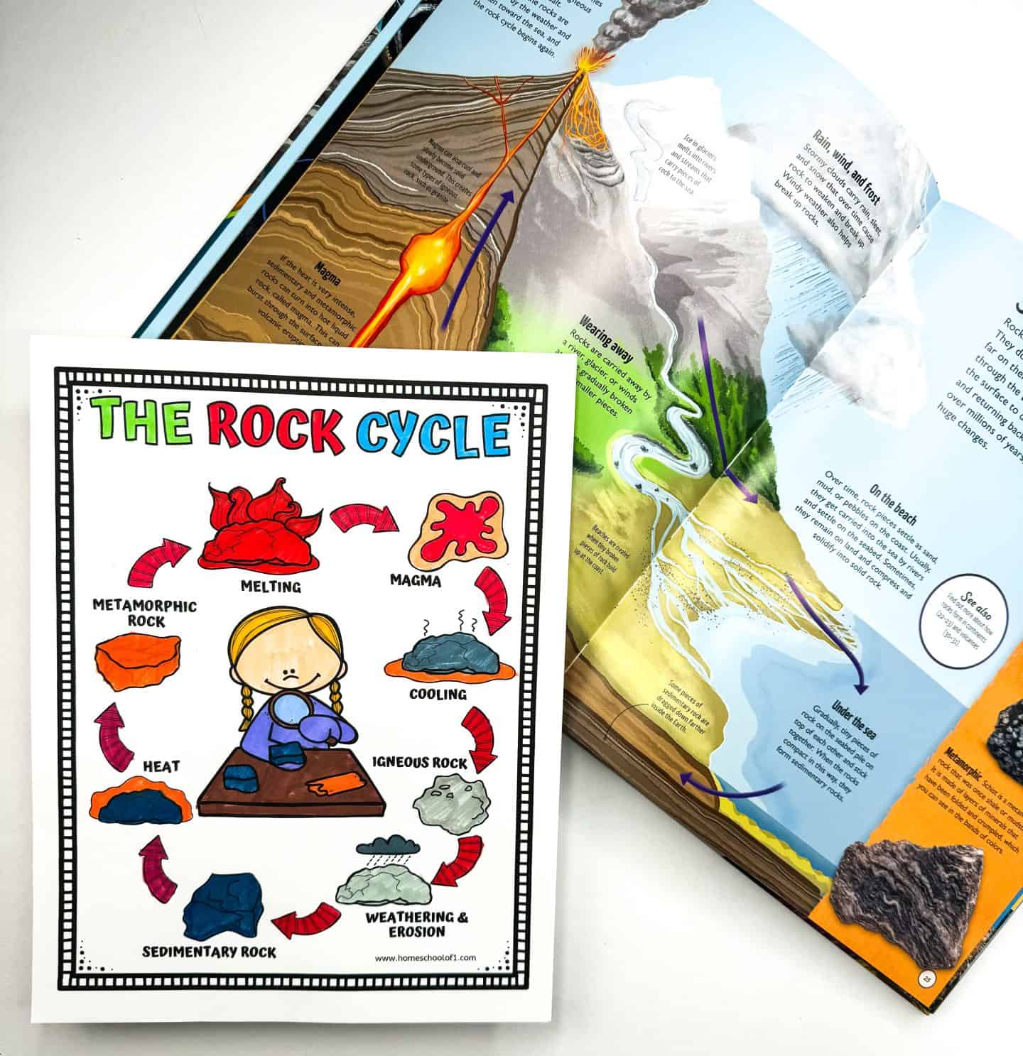 Informative 'Rock Cycle Coloring Page' on an educational geology book, combining reading and coloring for an interactive learning experience on geological formations.