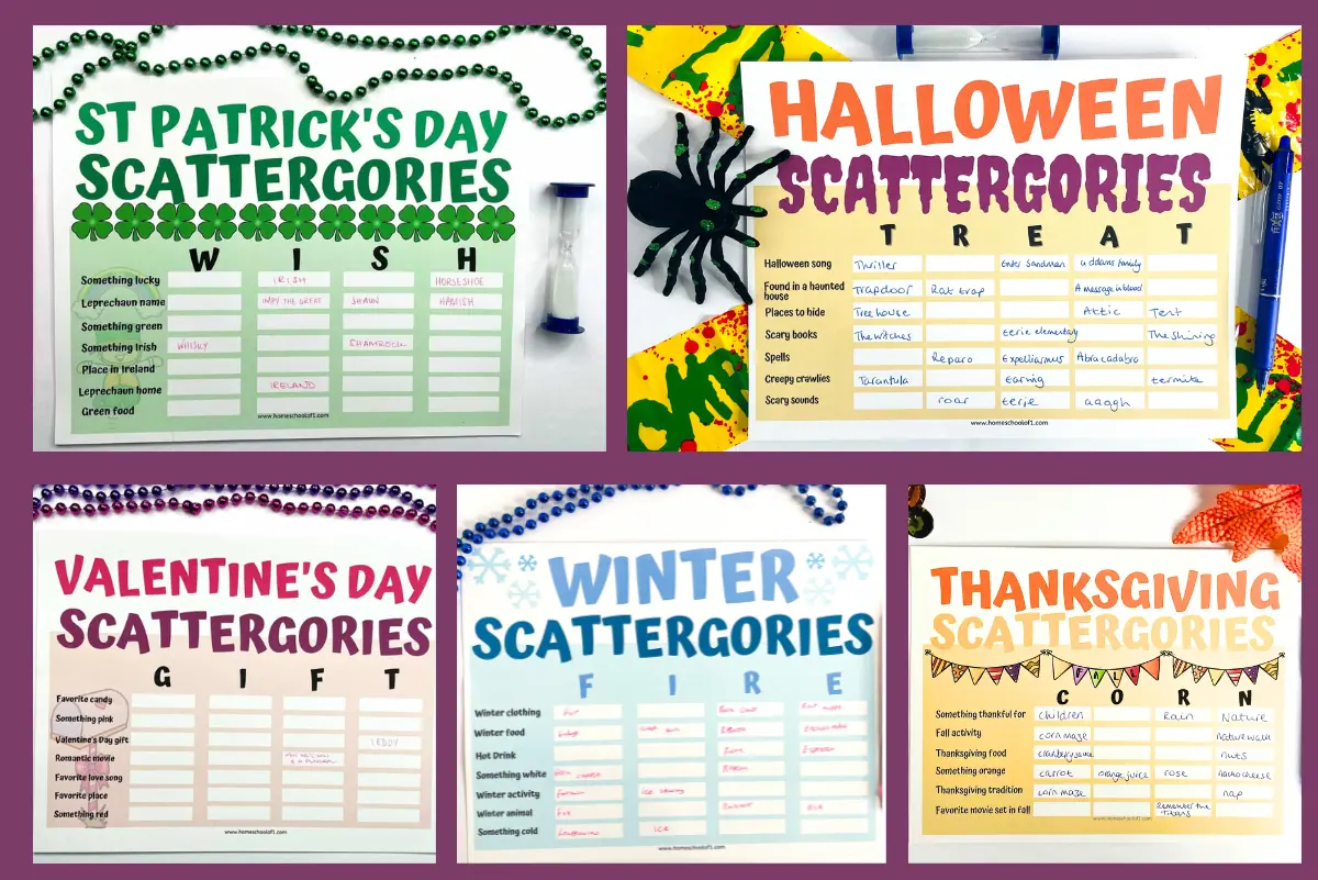 Collage of six holiday-themed Scattergories game sheets with filled-in examples, including St. Patrick's Day with green shamrock decorations, Halloween with a plastic spider, Valentine's Day with heart ornaments, Winter with snowflake accents, and Thanksgiving with fall-colored leaves. Each sheet showcases categories and words related to their respective holidays.