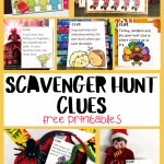 Assorted scavenger hunt clue cards for diverse occasions with a central title banner.