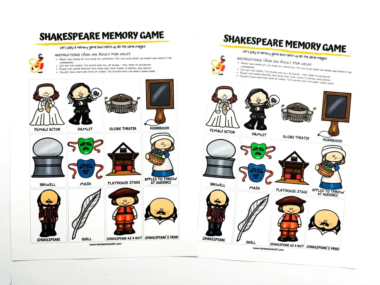 Printed sheets of the 'Shakespeare Memory Game' with instructions and illustrations of Shakespeare-related items like the Globe Theater, a quill, and various characters for cutting and playing.