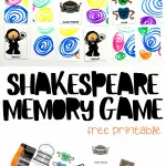 Shakespeare Memory Game, a free printable with illustrated cards depicting elements of Shakespeare's works, ready for cutting and playing,