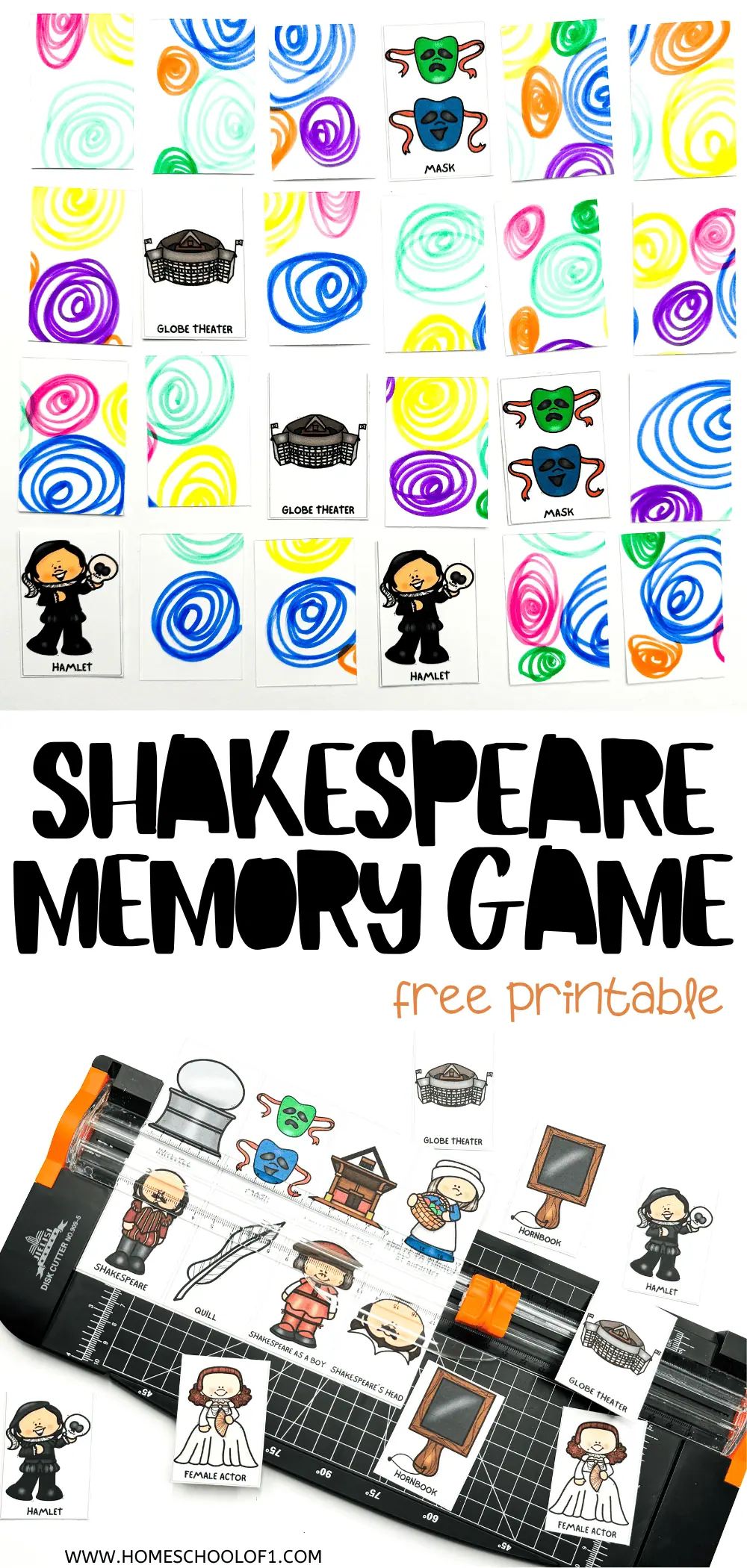 Shakespeare Memory Game, a free printable with illustrated cards depicting elements of Shakespeare's works, ready for cutting and playing,