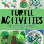 infographic displaying an assortment of preschool turtle activities, with highlights on hands-on crafts, such as a turtle made from a paper bowl, and educational printables for coloring, tracing, and learning about sea turtles' life stages.