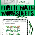 Collage of educational turtle-themed worksheets for counting, matching, and pattern recognition activities, presented with a box of crayons and decorative beads.