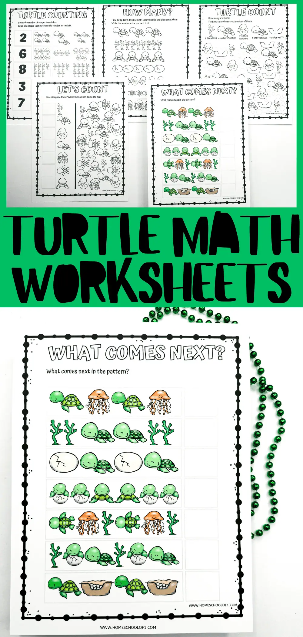 Collage of educational turtle-themed worksheets for counting, matching, and pattern recognition activities, presented with a box of crayons and decorative beads.