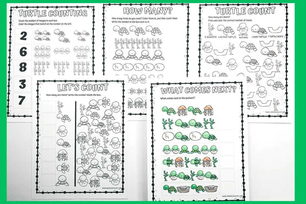 Collection of turtle-themed math worksheets titled 'TURTLE MATH WORKSHEETS,' featuring activities for counting and pattern completion, decorated with green beads and placed alongside Crayola crayons.