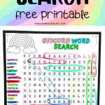 Colorful Unicorn Word Search with words like 'Magical', 'Rainbow', and 'Whimsical' highlighted in different colors, featuring a cartoon unicorn and a rainbow-colored background.