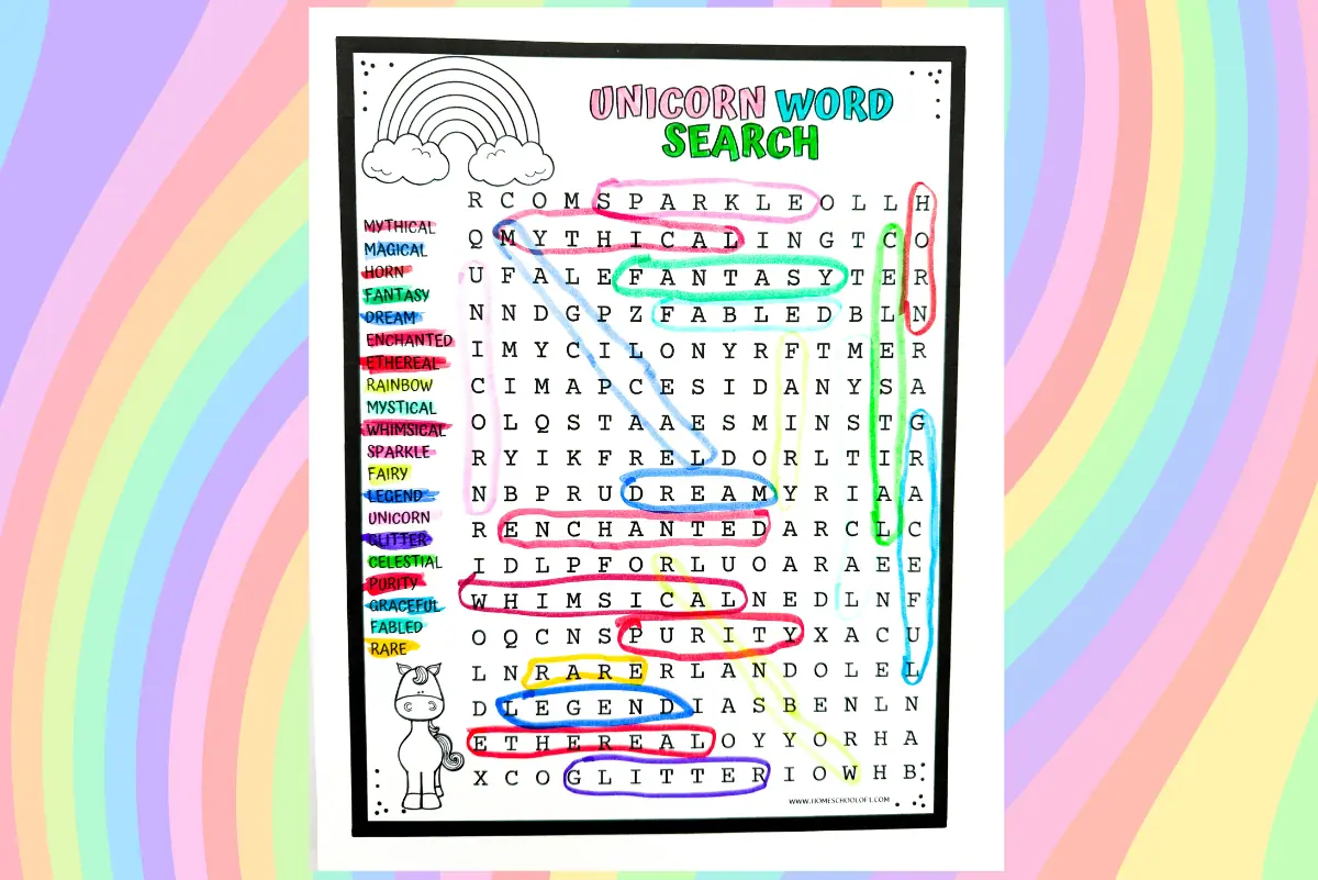 Colorful Unicorn-themed word search printable with words like 'Mythical', 'Enchanted', and 'Sparkle' circled in various colors, beside a cartoon unicorn under a rainbow, on a pastel-striped background.