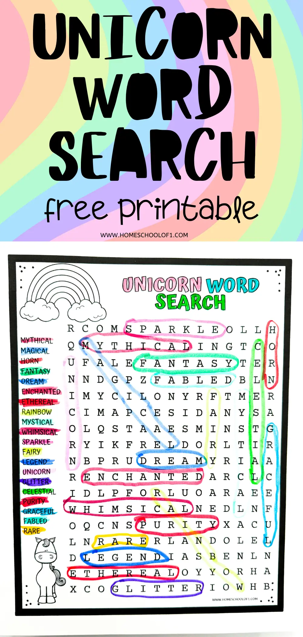 Colorful Unicorn Word Search with words like 'Magical', 'Rainbow', and 'Whimsical' highlighted in different colors, featuring a cartoon unicorn and a rainbow-colored background.