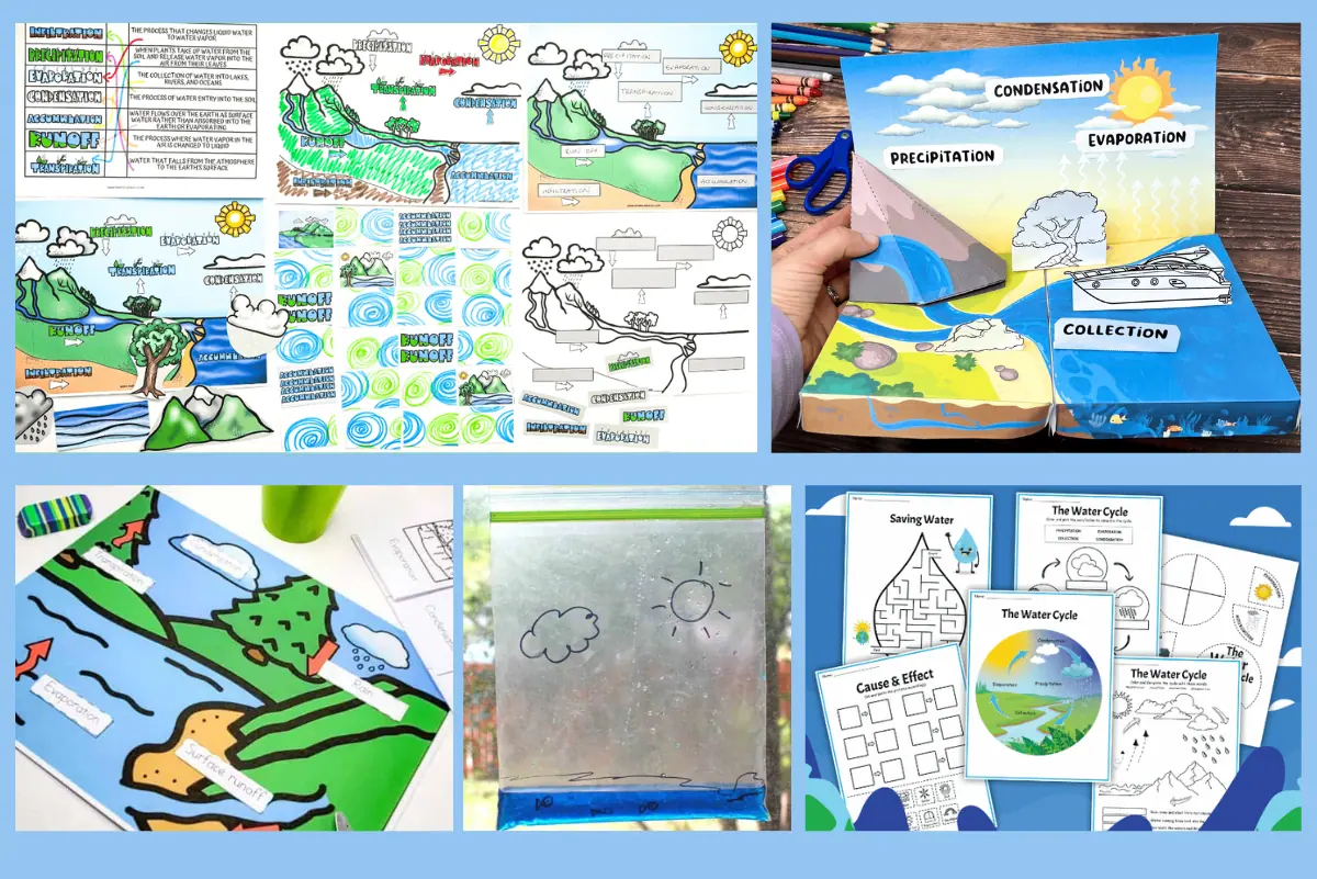 Educational collage showing children's activities on the water cycle, with hand-drawn and colored diagrams detailing processes like evaporation, condensation, and precipitation, alongside interactive crafts and labeled illustrations.