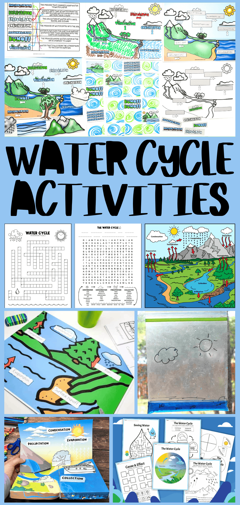 Collage of water cycle learning resources including crosswords, coloring pages, and process diagrams, with a bold title 'WATER CYCLE ACTIVITIES' for elementary education.