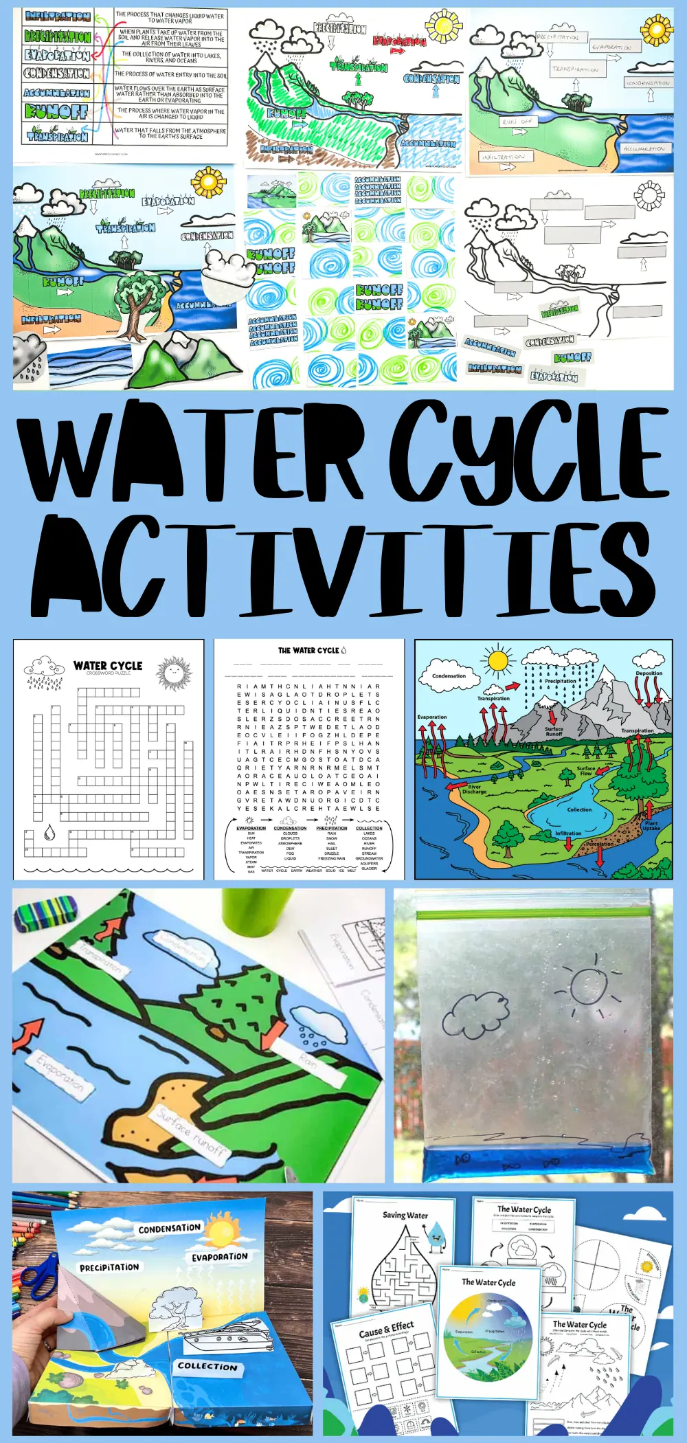 Collage of water cycle learning resources including crosswords, coloring pages, and process diagrams, with a bold title 'WATER CYCLE ACTIVITIES' for elementary education.