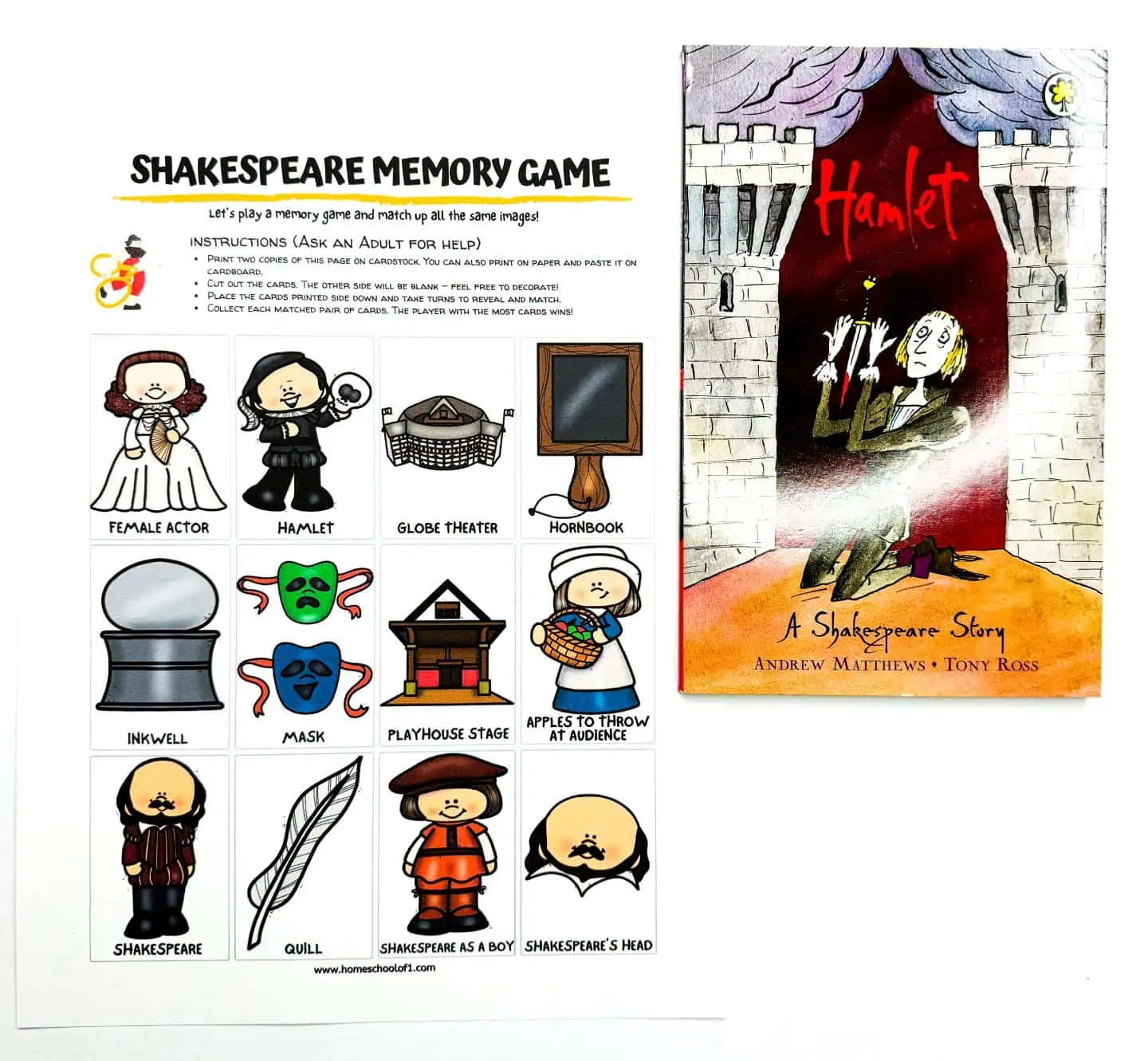 Printable 'Shakespeare Memory Game' layout with illustrated cards of Shakespearean themes like Hamlet, Globe Theater, and props, next to the book 'Hamlet - A Shakespeare Story' by Andrew Matthews and Tony Ross.