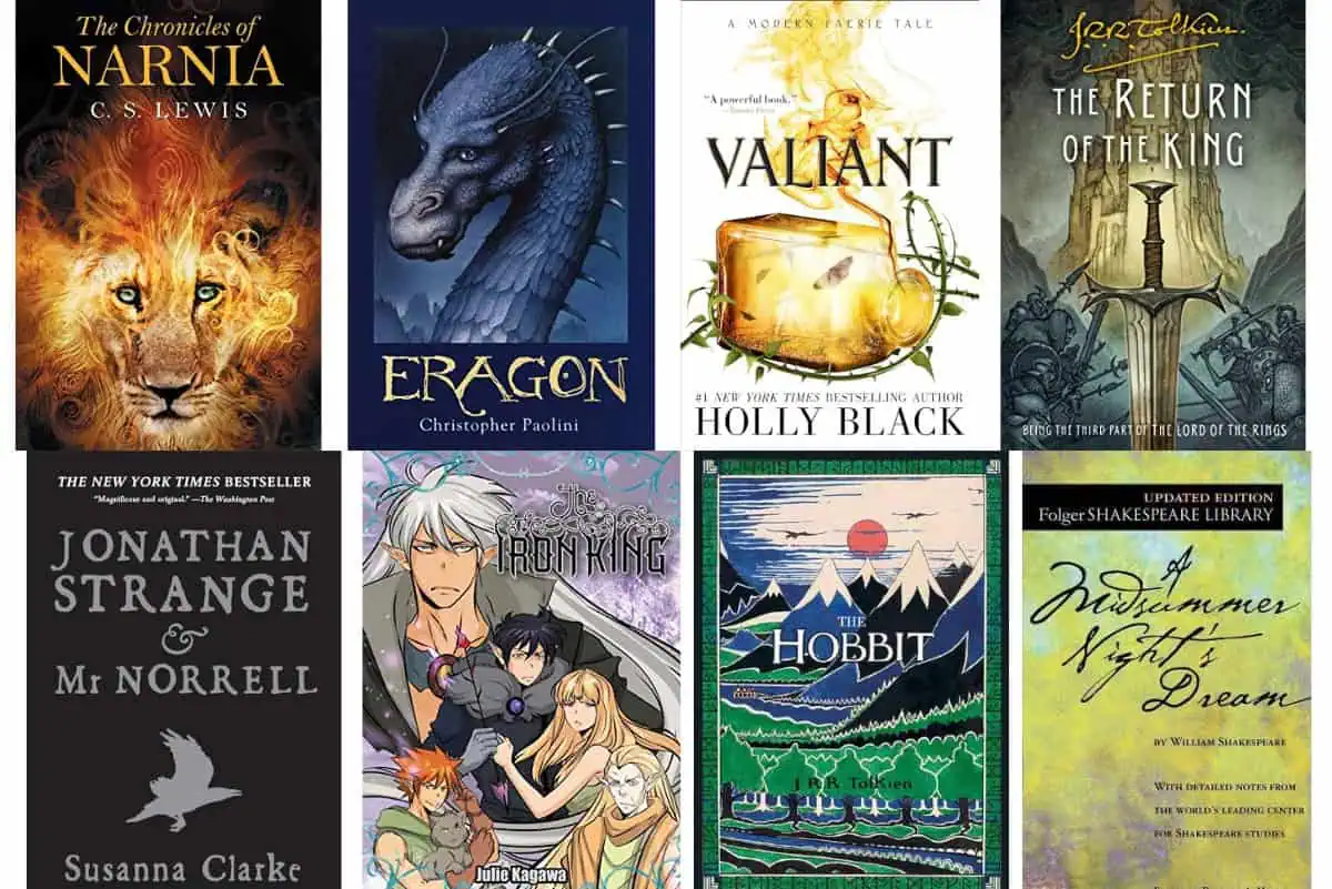 A collage of book covers featuring fantasy novels. Top row from left to right: "The Chronicles of Narnia" by C.S. Lewis, "Eragon" by Christopher Paolini, "Valiant" by Holly Black, and "The Return of the King" by J.R.R. Tolkien. Bottom row from left to right: "Jonathan Strange & Mr Norrell" by Susanna Clarke, "The Iron King" by Julie Kagawa, "The Hobbit" by J.R.R. Tolkien, and "A Midsummer Night's Dream" by William Shakespeare.