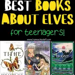 A collage of book covers with the title "Best Books About Elves for Teenagers!" in bold black and yellow text. The website URL "www.homeschoolof1.com" is displayed below the title. Book covers included are "The Chronicles of Narnia" by C.S. Lewis, "Eragon" by Christopher Paolini, "Valiant" and "Tithe" by Holly Black, "The Iron King" by Julie Kagawa, "The Hobbit" by J.R.R. Tolkien, "The Return of the King" by J.R.R. Tolkien, and "A Midsummer Night's Dream" by William Shakespeare, and "Jonathan Strange & Mr Norrell" by Susanna Clarke.