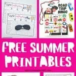 Bright and colorful collection of free summer printables from Homeschool of 1, featuring educational activities like writing prompts, sun-themed crafts, and holiday-themed coloring pages for kids.