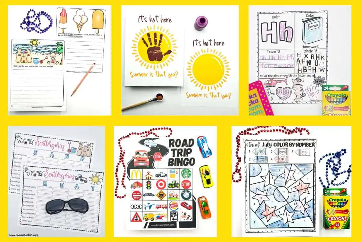 Collection of free summer printables including activities like writing prompts about the best sand castle, ice cream drawing prompts, and a sun-themed handprint craft with the text 'It's hot here, Summer is that you?'