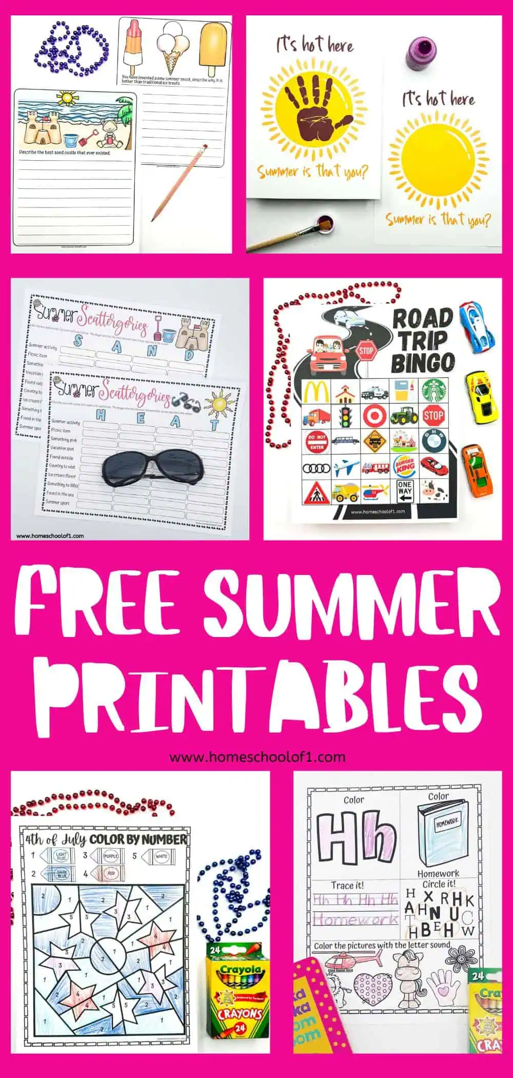 Bright and colorful collection of free summer printables from Homeschool of 1, featuring educational activities like writing prompts, sun-themed crafts, and holiday-themed coloring pages for kids.