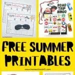 Free summer printables featuring scattergories game with themes 'sand' and 'heat', a road trip bingo card, and a color-by-number 4th of July sheet, all designed to keep kids entertained during summer