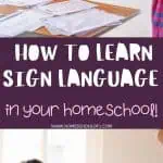 This promotional image features two scenes and a central text. The top scene shows a young girl at a wooden table, practicing sign language with an adult's hands guiding hers. Papers and a blue water bottle are scattered around, indicating an educational setting. The bottom scene depicts another young girl in a white shirt learning sign language in a cozy home environment, with her focus directed towards the gestures of an adult sitting opposite her. The central text reads, "How to Learn Sign Language in your Homeschool!" and the website "www.homeschoolof1.com" is noted at the bottom, suggesting this is a resource for home education.