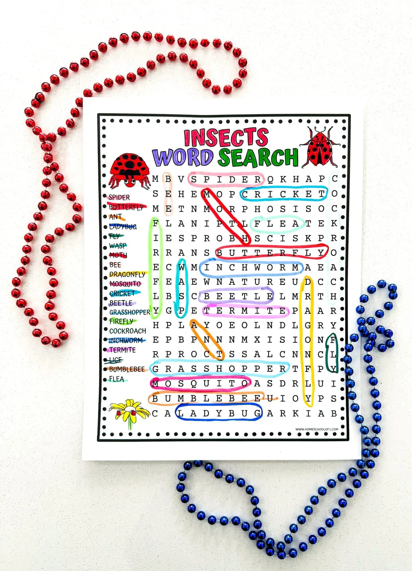 Insect-themed word search puzzle with red and blue beaded necklaces placed around it. Words like spider, butterfly, ant, ladybug, fly, wasp, moth, bee, dragonfly, mosquito, cricket, beetle, grasshopper, firefly, cockroach, inchworm, termite, lice, bumblebee, and flea are highlighted in different colors. The background features illustrations of various insects.