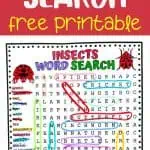 Promotional image for a free printable insect word search puzzle featuring the text 'Insects Word Search' in large, bold letters on a red background, and a preview of the word search puzzle with highlighted words and insect illustrations.