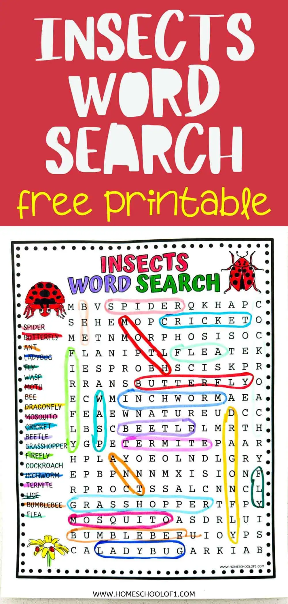 Promotional image for a free printable insect word search puzzle featuring the text 'Insects Word Search' in large, bold letters on a red background, and a preview of the word search puzzle with highlighted words and insect illustrations.