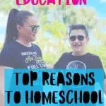 "Revolutionize Your Child's Education: Top Reasons to Homeschool" written in bold, colorful letters. The image shows a mother and her son smiling, both wearing sunglasses and black shirts with text, standing in front of a bright, outdoor background.