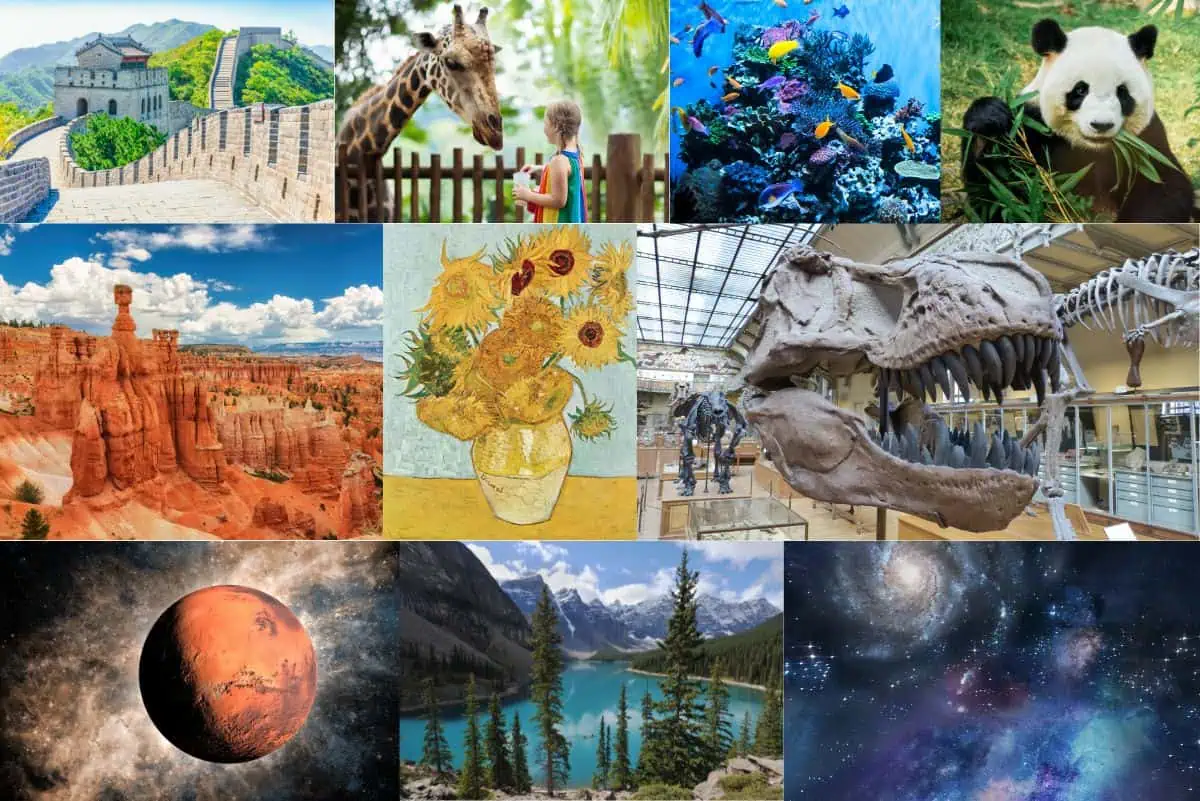 Collage of various virtual field trip destinations including the Great Wall of China, a giraffe at a zoo, a vibrant coral reef, a panda eating bamboo, Bryce Canyon, Van Gogh's Sunflowers, dinosaur fossils in a museum, Mars, a pristine lake surrounded by mountains, and a starry galaxy. Perfect for virtual field trips for homeschoolers.