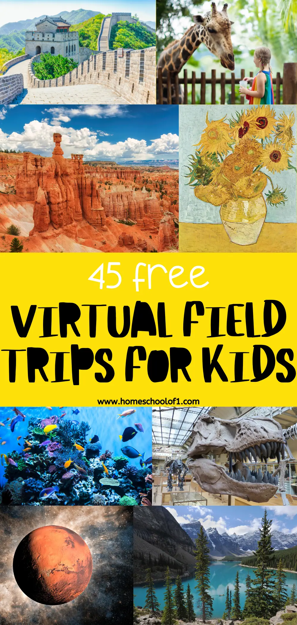 Bright yellow banner with the text '45 free virtual field trips for kids' featuring images of the Great Wall of China, a giraffe at a zoo, Bryce Canyon, Van Gogh's Sunflowers, a coral reef, dinosaur fossils in a museum, Mars, and a mountain lake. Ideal for virtual field trips for homeschoolers.