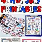 A Pinterest image featuring Fourth of July printables. It includes a color-by-number activity with a USA design next to a box of Crayola crayons, a handprint craft resembling the American flag with "Happy 4th of July" written above, cut-out decorations with patriotic symbols and phrases, a scavenger hunt sheet with illustrations of festive items, a trivia quiz about American history, and a word scramble game with 4th of July words.